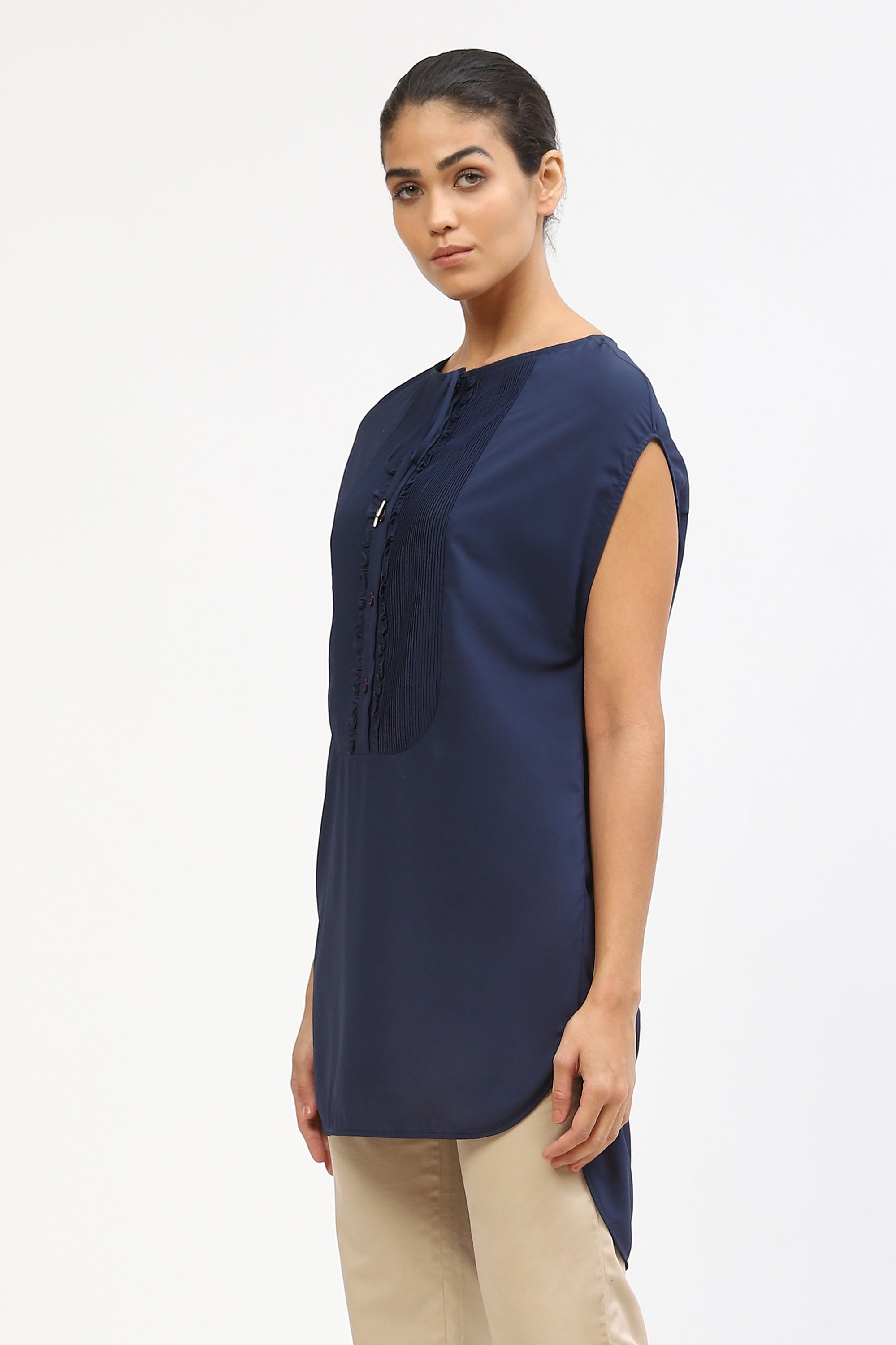 Navy Blue Georgette Top With Pleated Yoke Detail