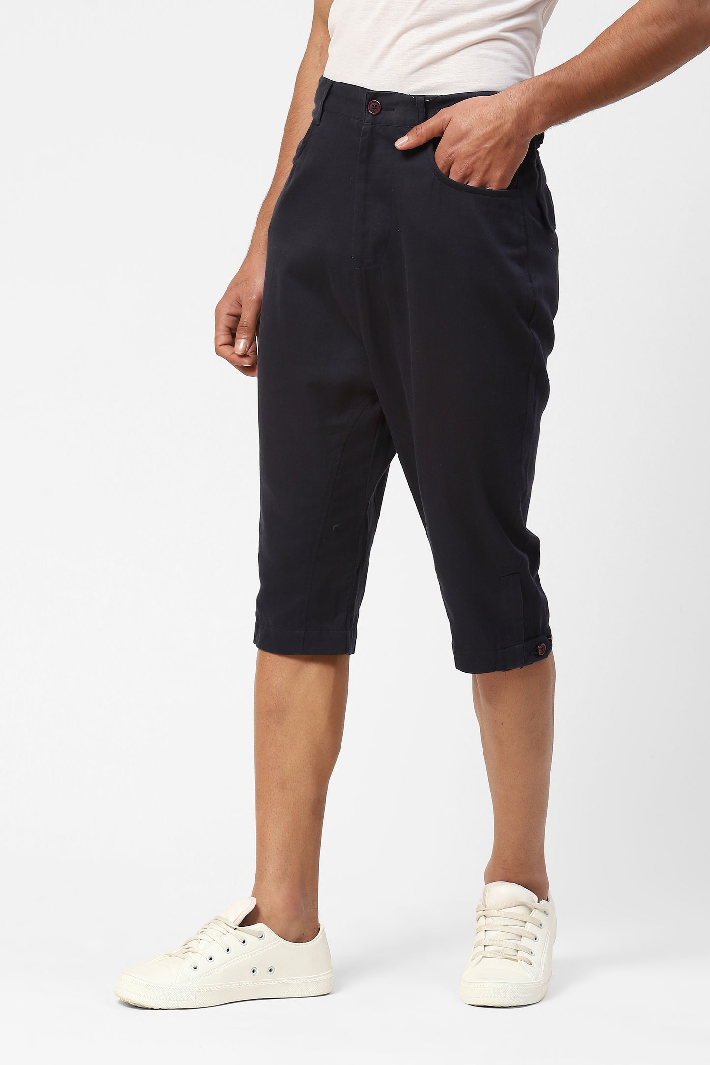 Navy Blue Cotton Capri Shorts For Men