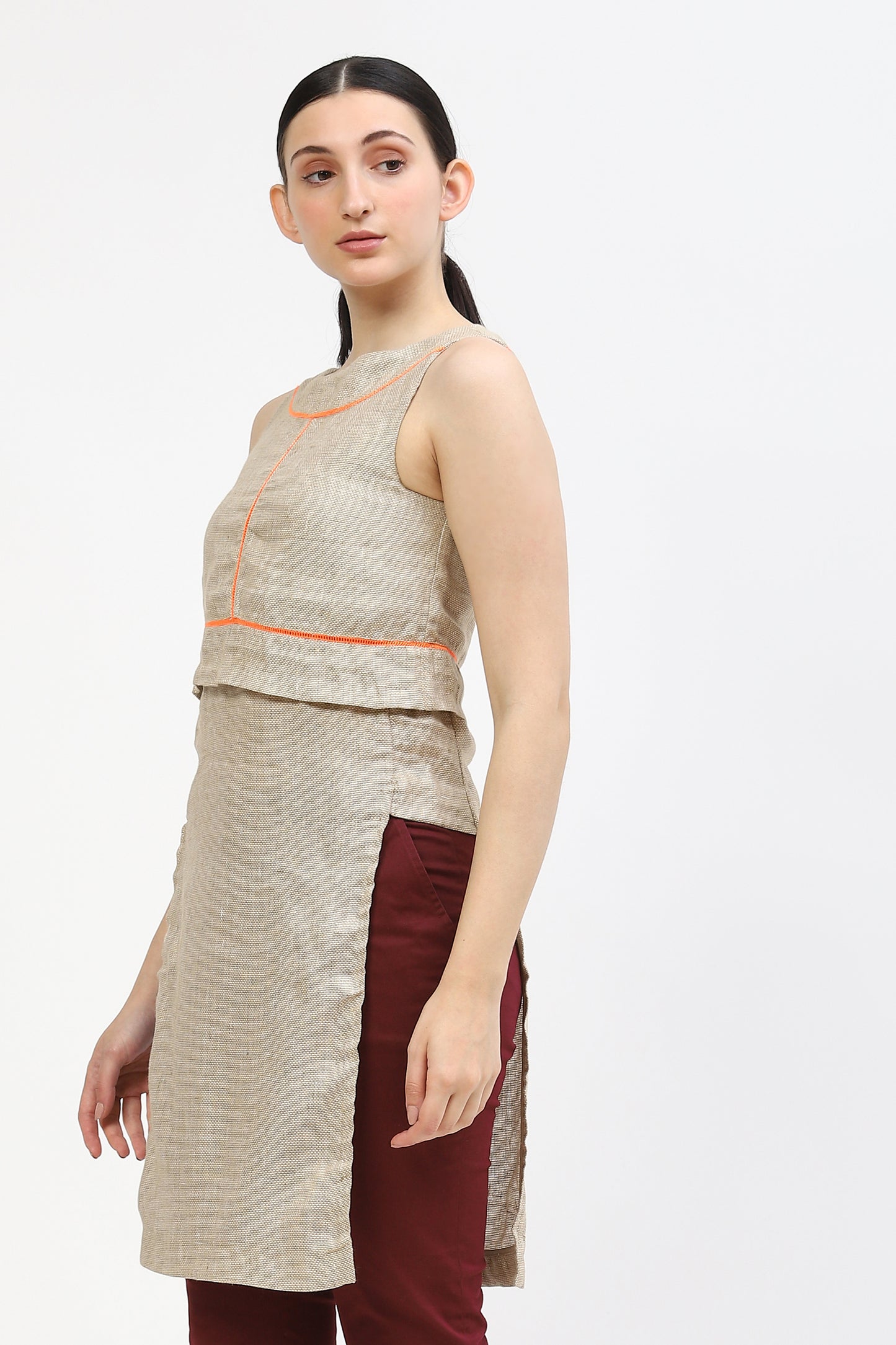Beige Linen Kurta For Women With Flap Detail & Contrasting  Thread Work