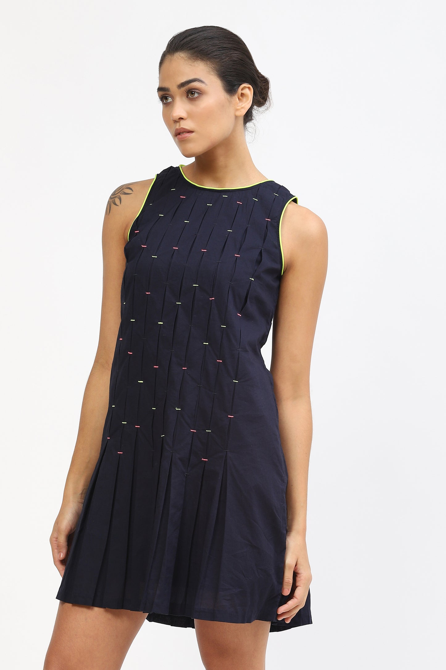 Navy Blue Pleated Cotton Dress With Multicolored Tucks Detail