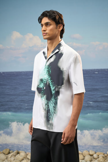 Black and white shirt for men with notch lapel collar and abstract design