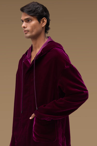 Premium Velvet Hooded Jacket in Deep Purple