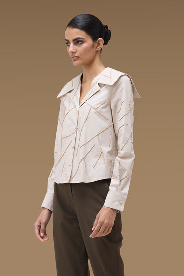 Premium Cord Embroidered Wide Collar Cropped Shirt - Cotton Poplin