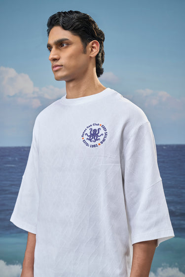 White Premium Cotton Jacquard Lycra Oversized T-Shirt