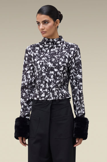 Premium Feather Print Funnel Neck Top - Banana Crepe
