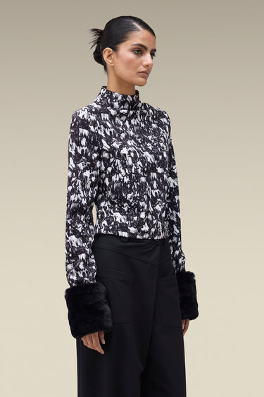 Premium Feather Print Funnel Neck Top - Banana Crepe