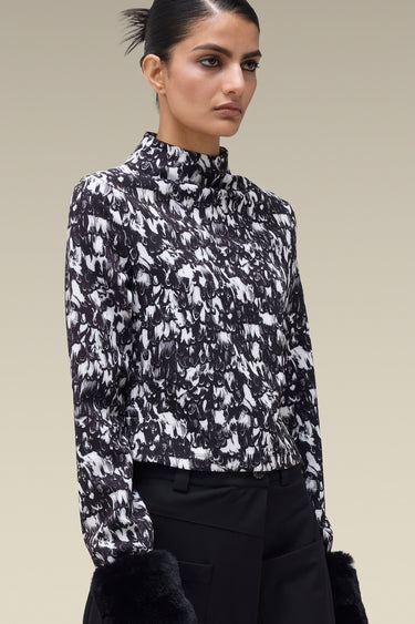 Premium Feather Print Funnel Neck Top - Banana Crepe