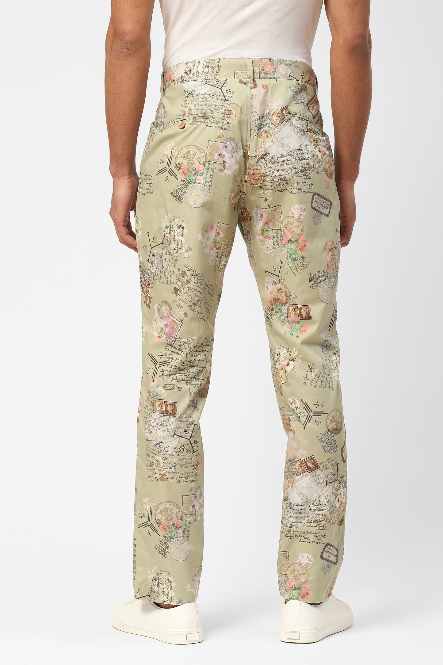 Multiclored Cotton Trousers For Men With Stamp Inspired Print