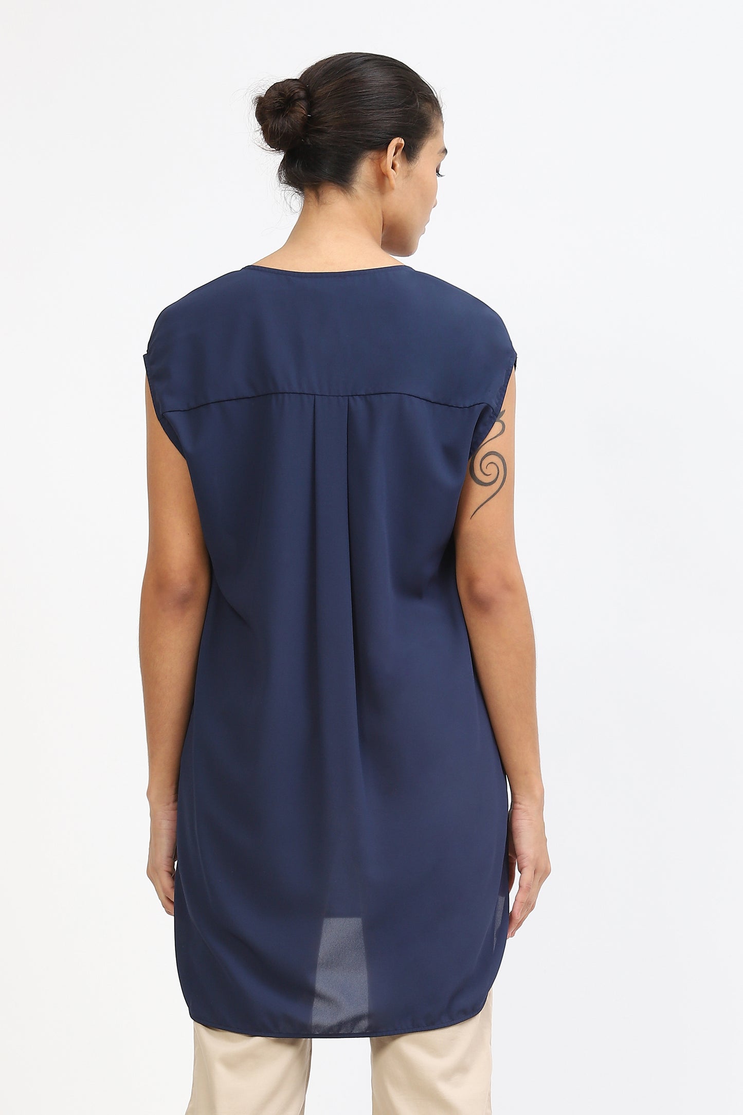Navy Blue Georgette Top With Pleated Yoke Detail