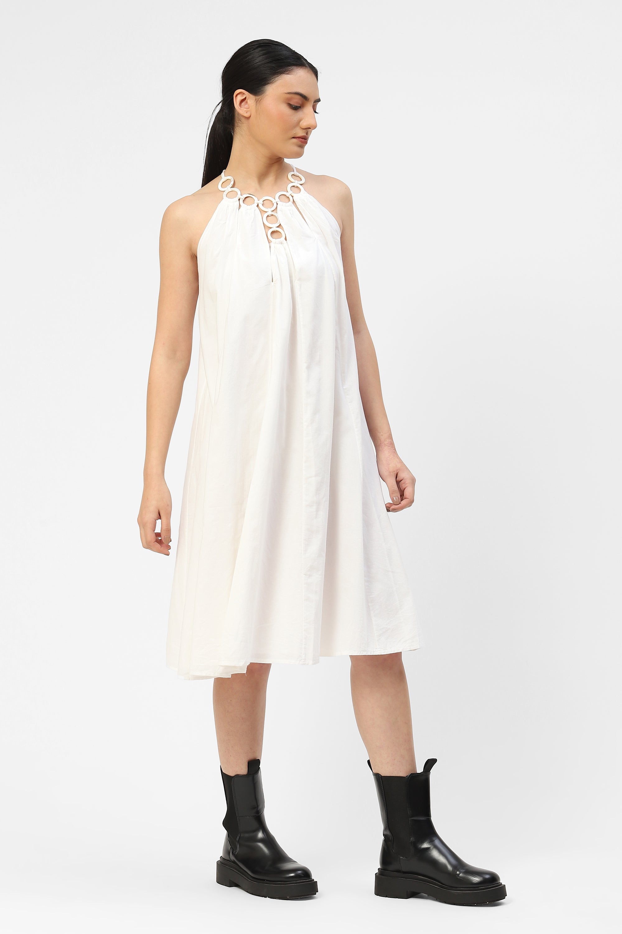 White Cotton Womens Dress With Hoops Detail