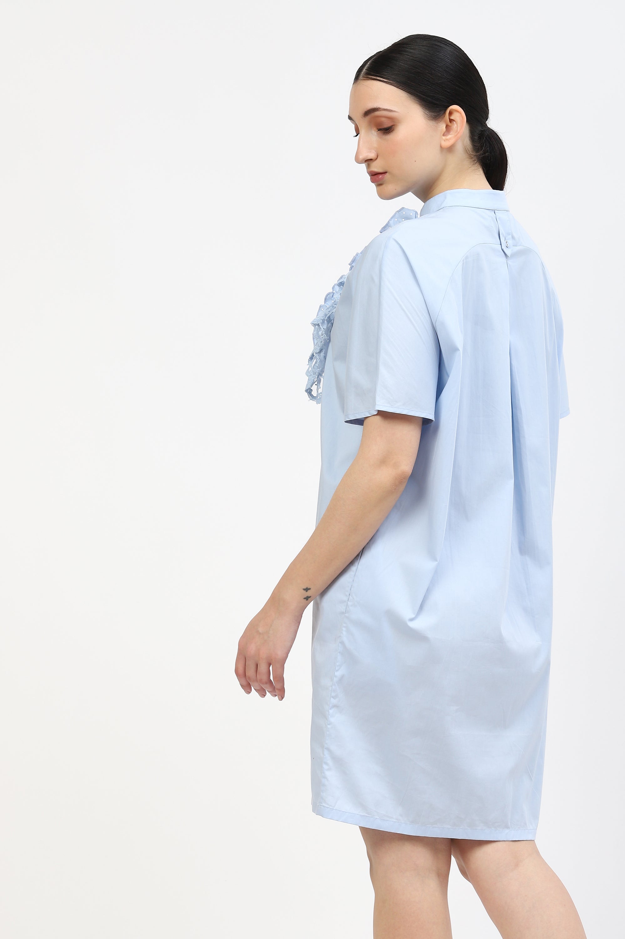 Womens Oversized Cotton Dress With Ruffle Neck Detail