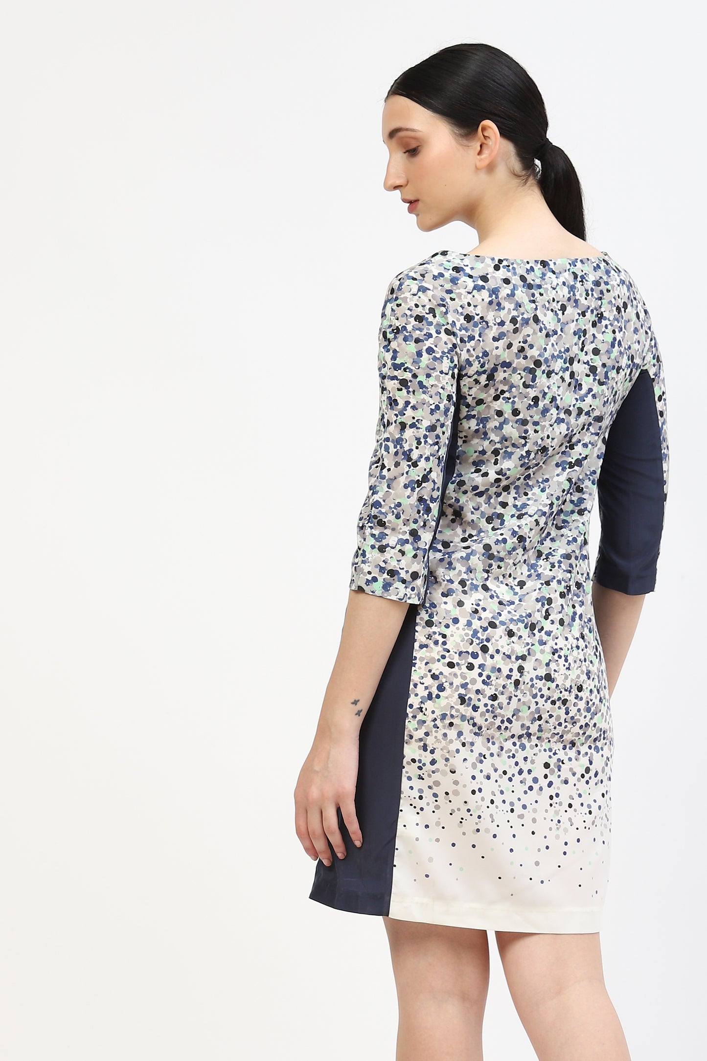 Printed Structured Crepe Dress With Navy Blue Side Panels