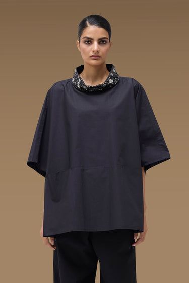 Premium Black Cotton Lycra Embellished Oversize Top
