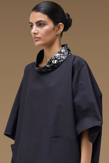 Premium Black Cotton Lycra Embellished Oversize Top