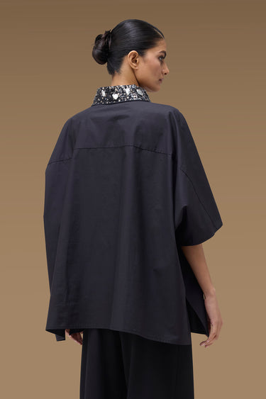 Premium Black Cotton Lycra Embellished Oversize Top