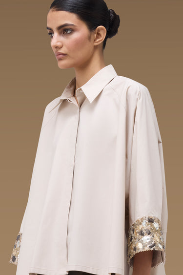Premium Fawn Cotton Lycra Embellished Oversize Shirt