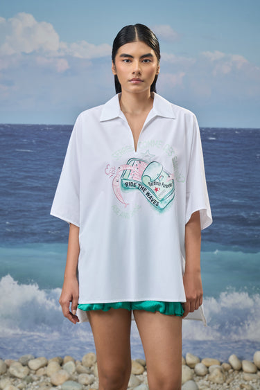 Oversized Polo-Collar Shirt in Premium Cotton Poplin with Statement Print - White