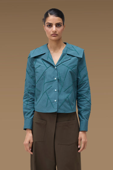 Premium Cord Embroidered Wide Collar Cropped Shirt - Cotton Poplin