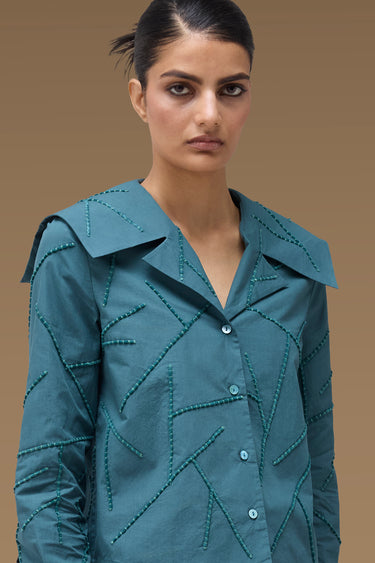 Premium Cord Embroidered Wide Collar Cropped Shirt - Cotton Poplin