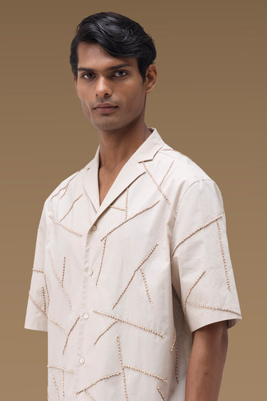 Premium Beaded Camp Collar Shirt in Wax Paper
