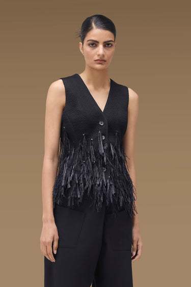 Premium Black Poly Mesh Ostrich Feather / Raffia Fringe Embellished Top