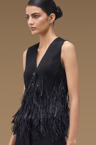 Premium Black Poly Mesh Ostrich Feather / Raffia Fringe Embellished Top