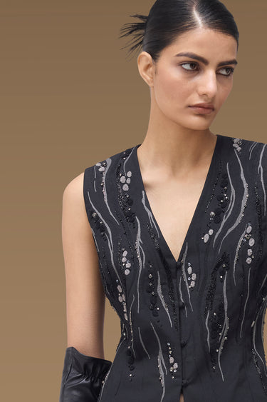 Premium Black Poly Wool Embellished Gilet