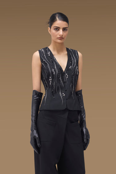 Premium Black Poly Wool Embellished Gilet