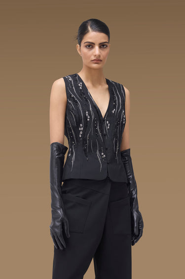 Premium Black Poly Wool Embellished Gilet