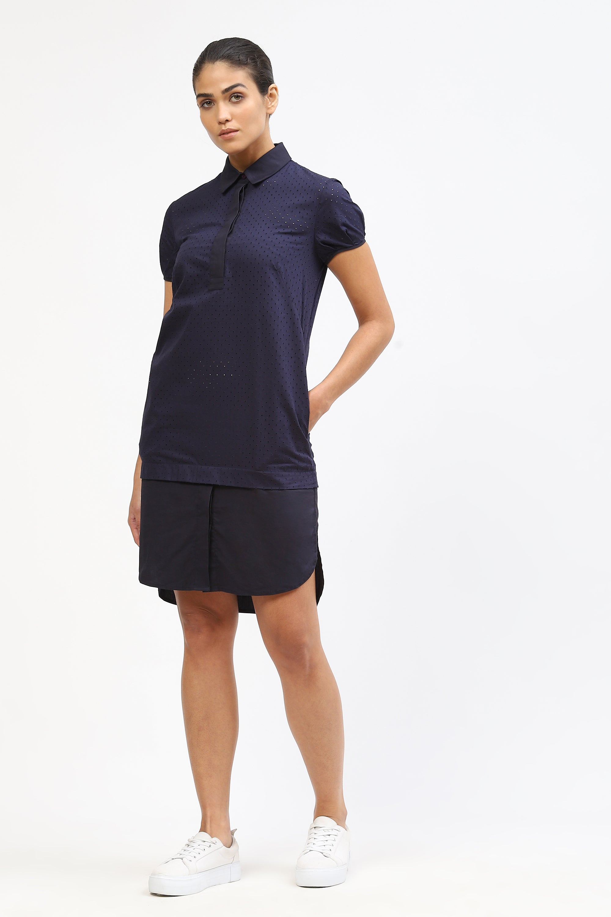 Navy Blue Tunic Cotton Dress For Women With Contrasting Detail