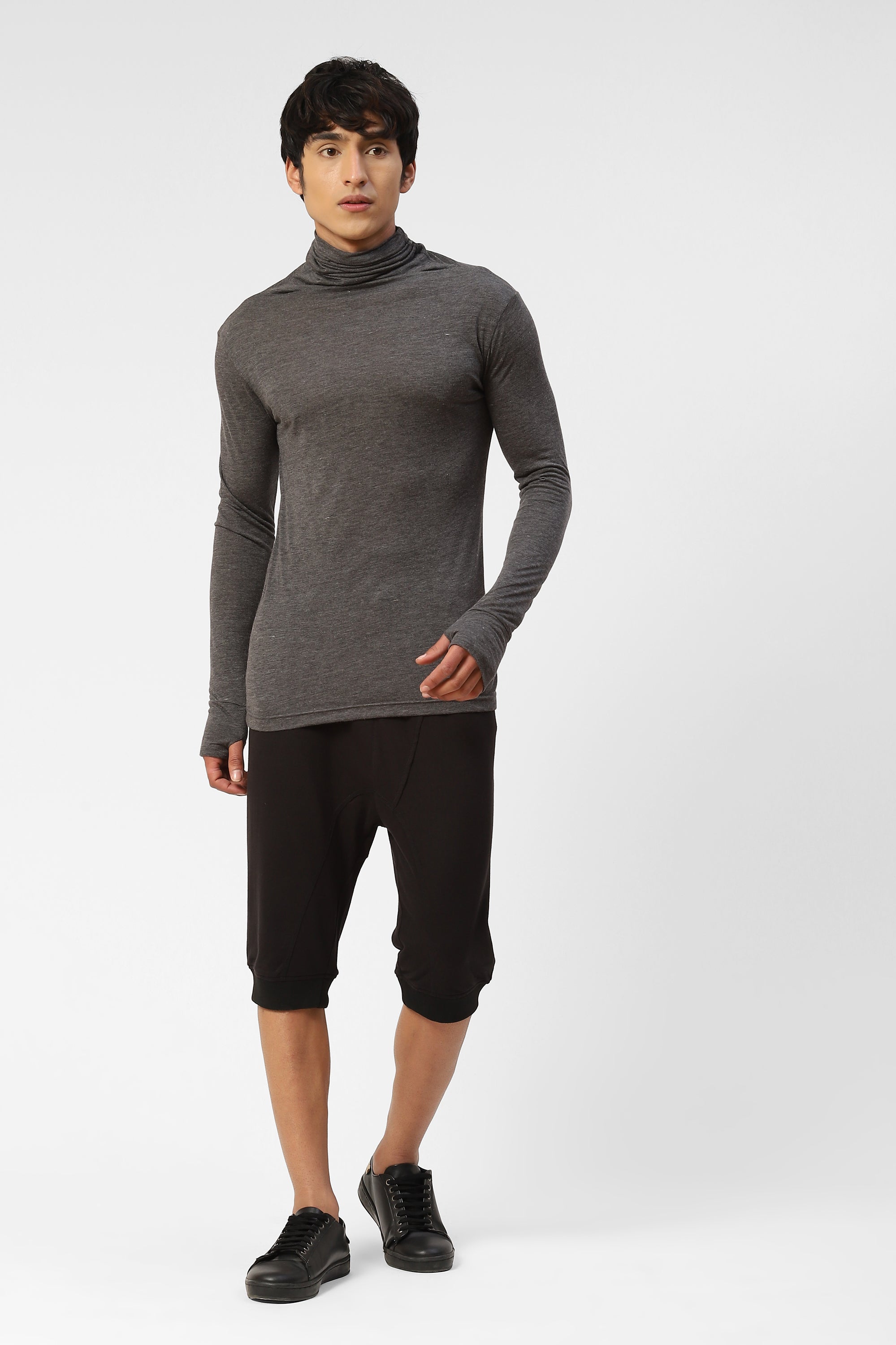 Black Mens Jogger Capri Shorts With Asymmetric Detail