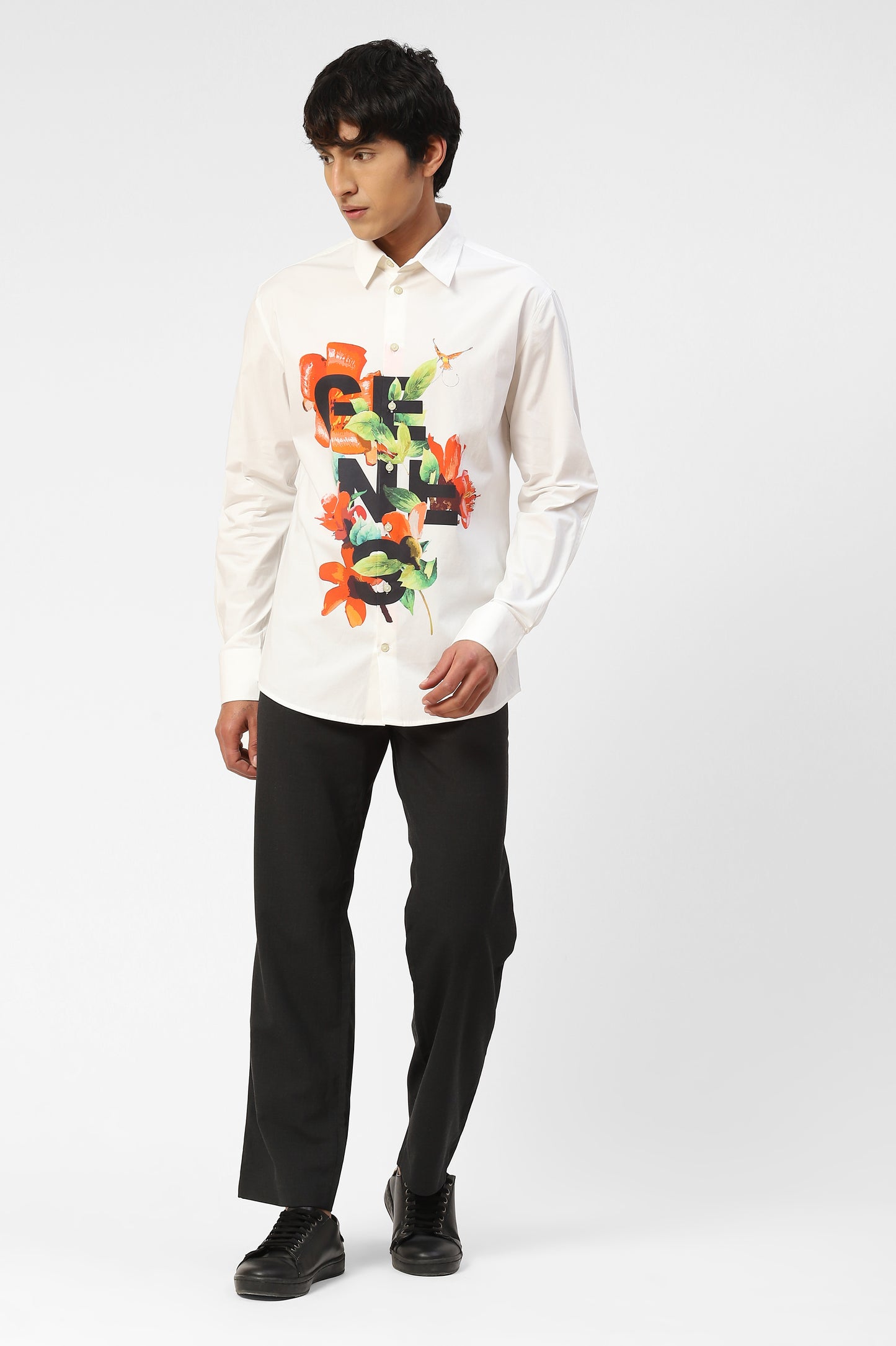 Mens White Cotton Shirt With Tropical Genes Print