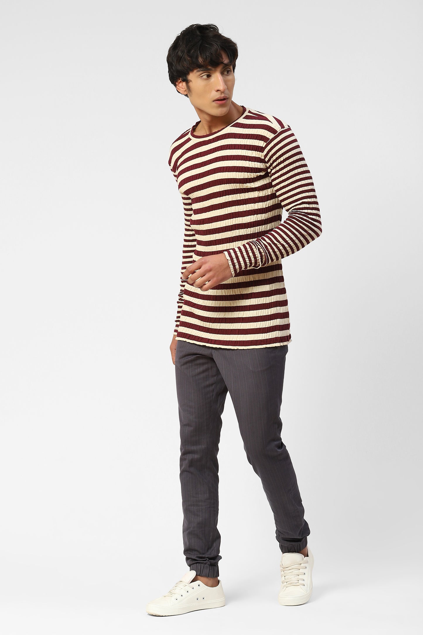 Full Sleeved Wine Red Striped Crinkle Cotton T-Shirt For Men