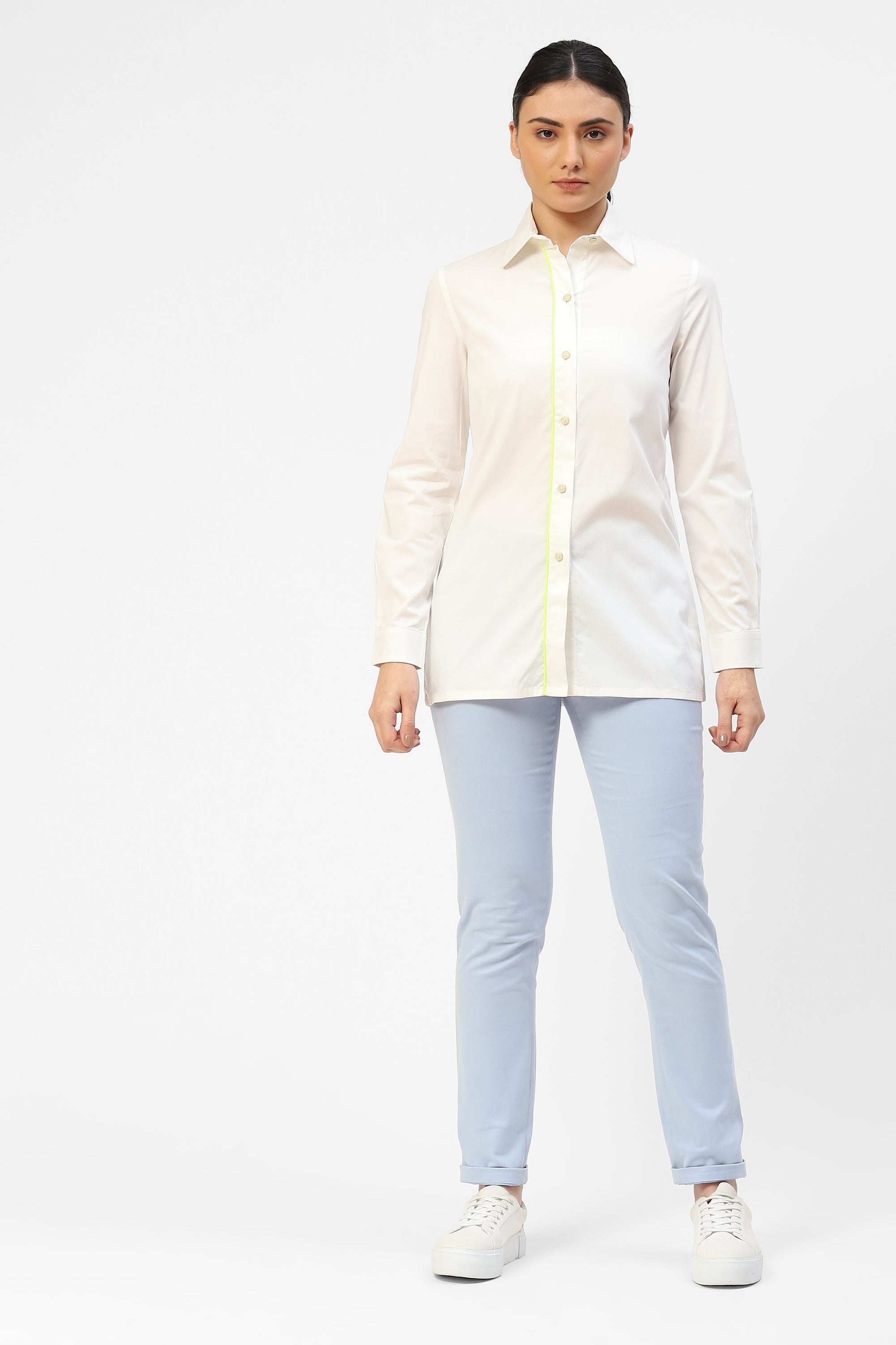 White Poplin Womens Shirt With Lime Green Piping Placket Detail