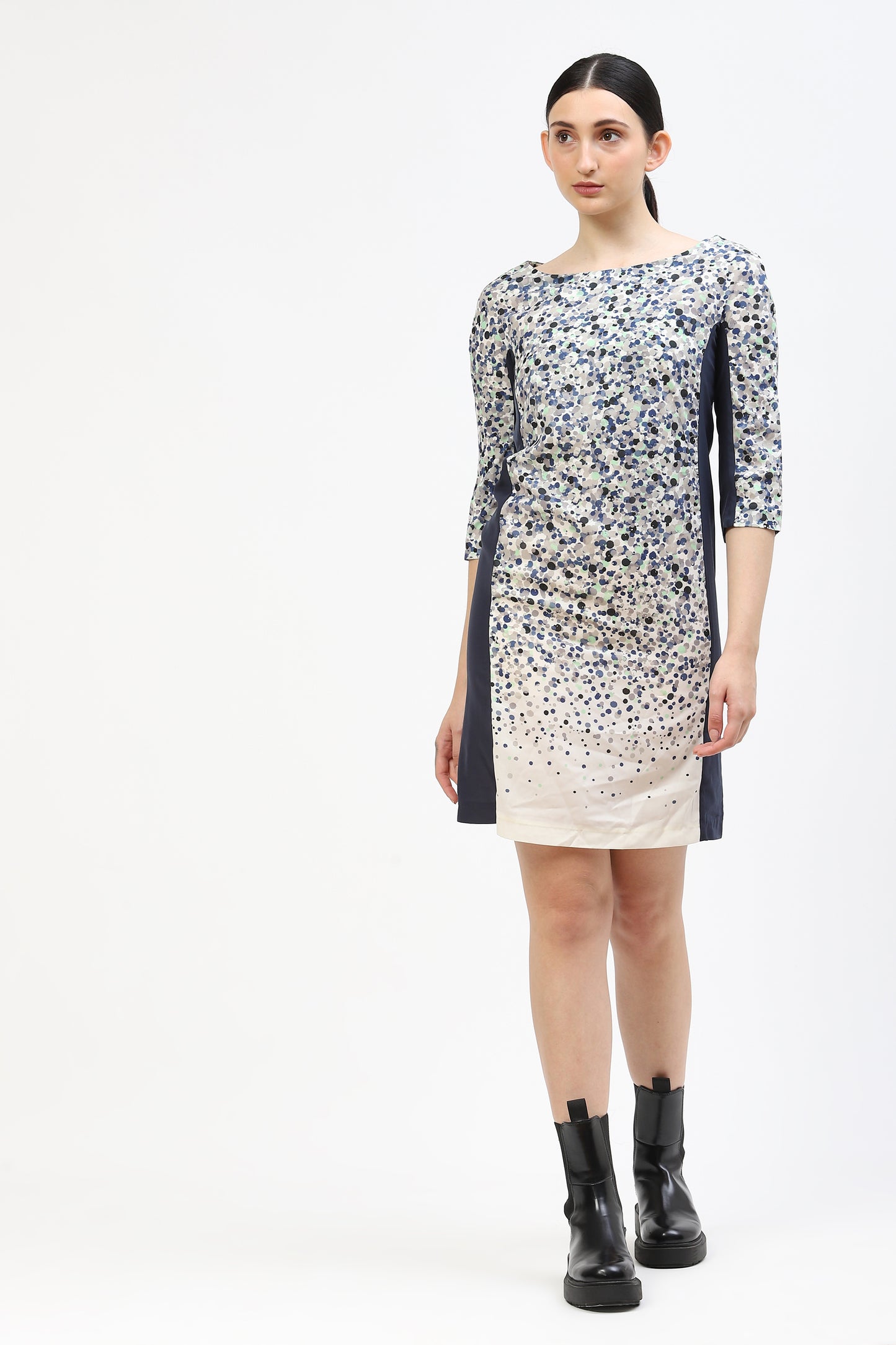 Printed Structured Crepe Dress With Navy Blue Side Panels