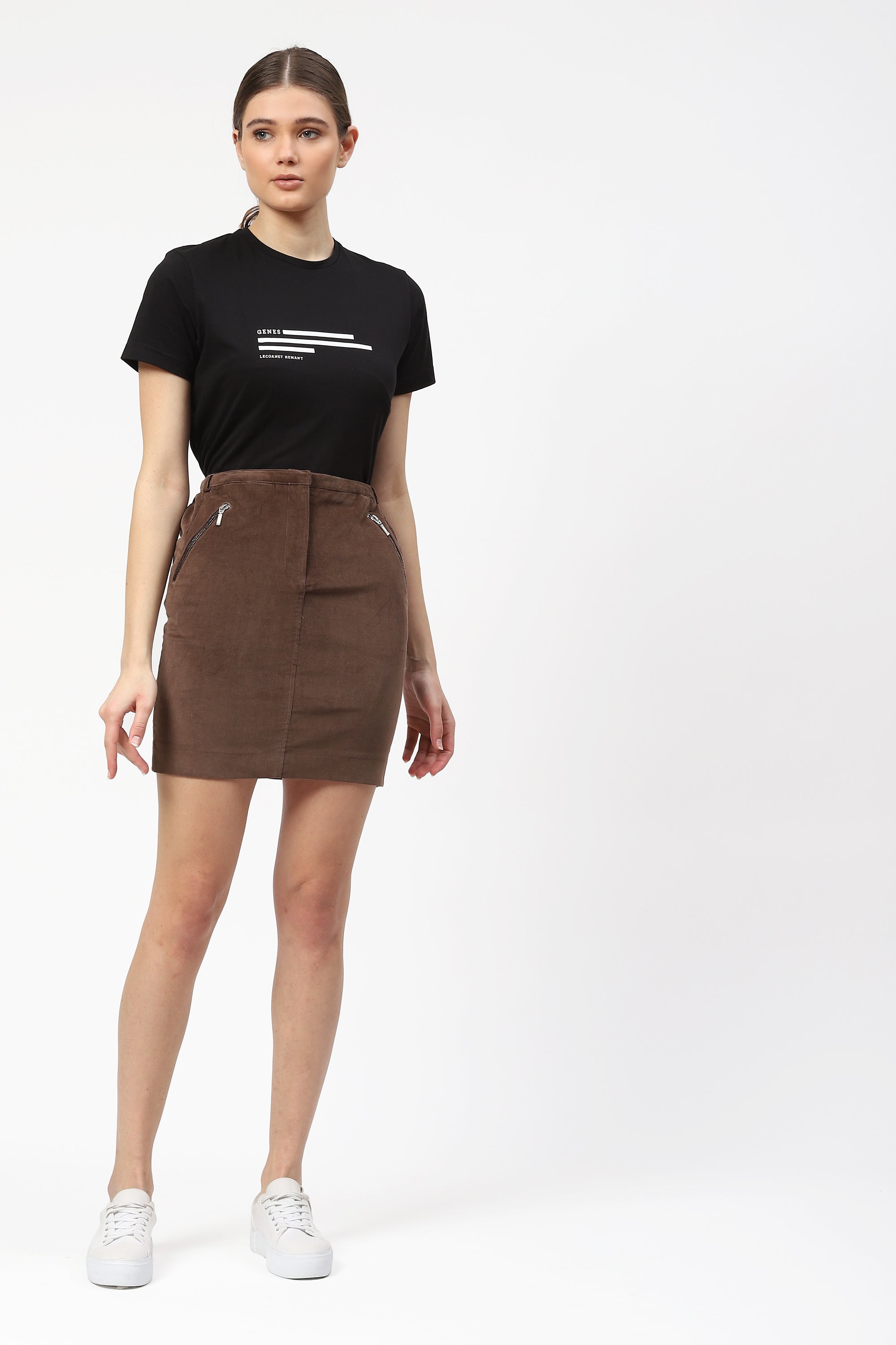 Brown Velvet Cotton Skirt With Zipper Detail
