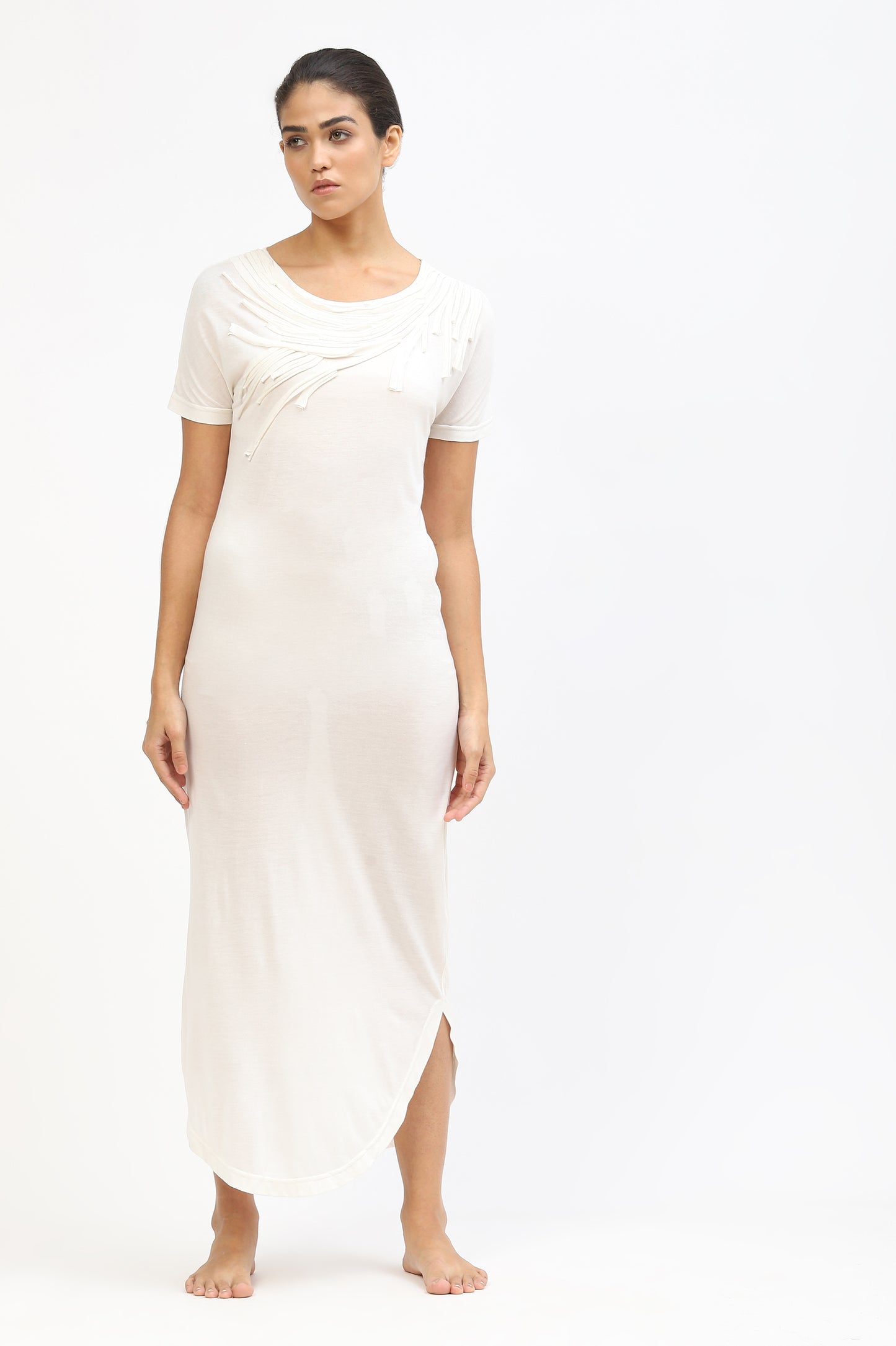 Womens Long White Cotton Dress With Fabric Embroidery And Round Hem