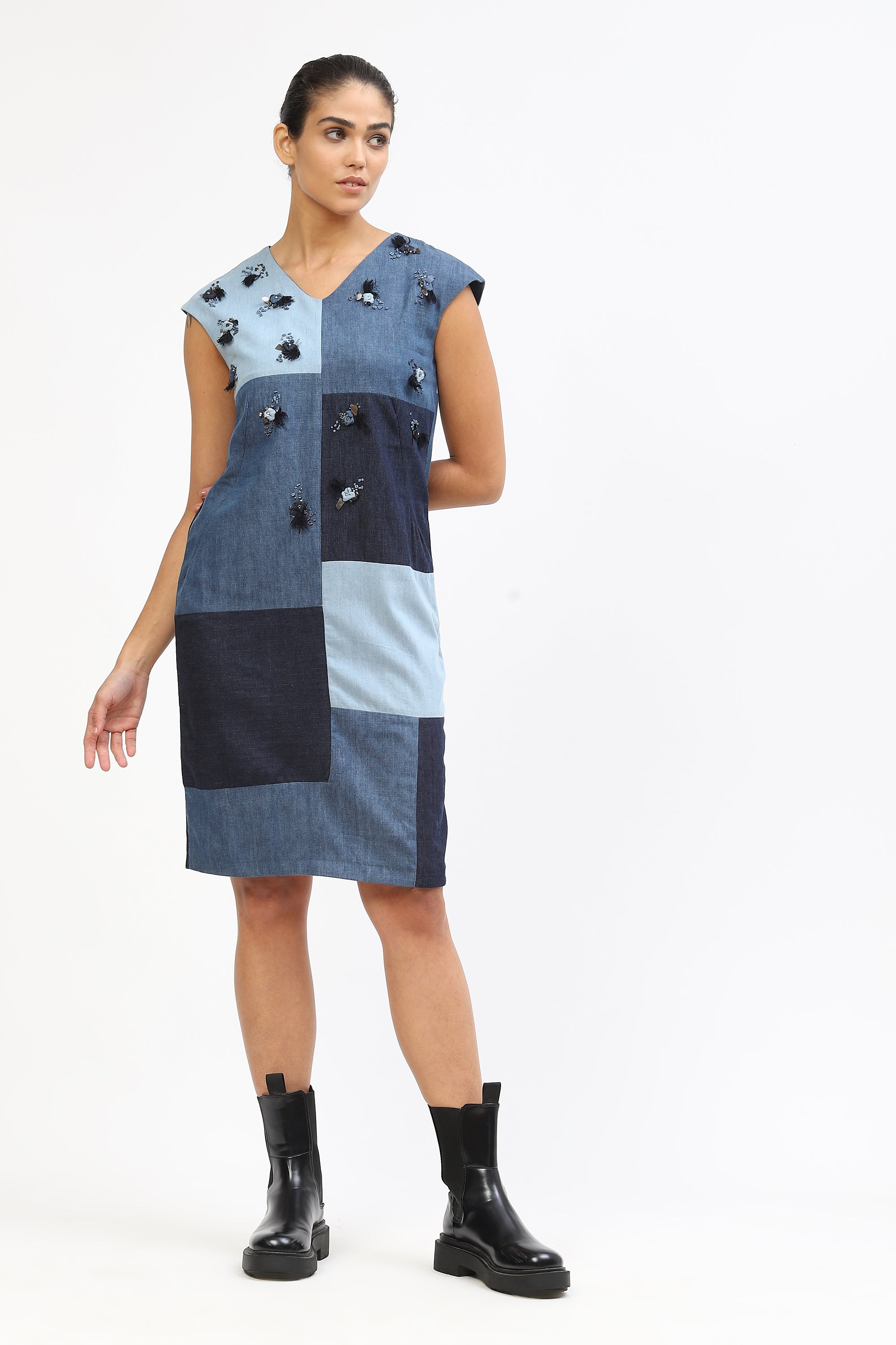 Blue Denim Cotton Collage Dress With Embellishments