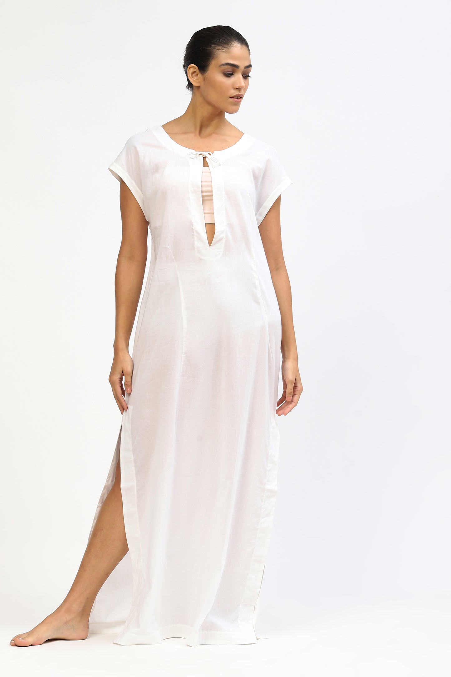 White Voile Cotton Long Dress With Neck Slit Detail