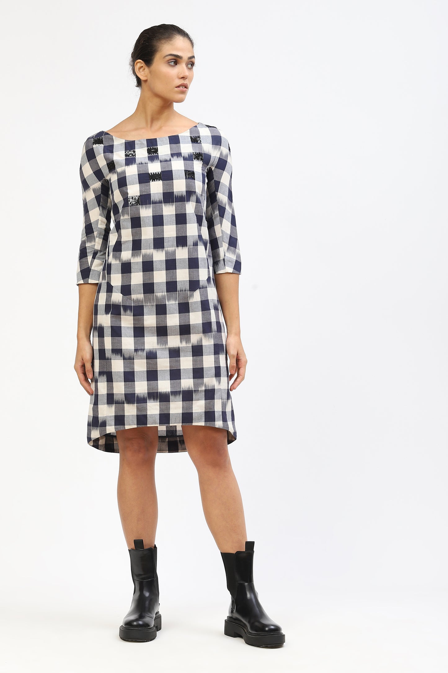 Womens Cotton Dress With Check Pattern and Sequinned Embellishments