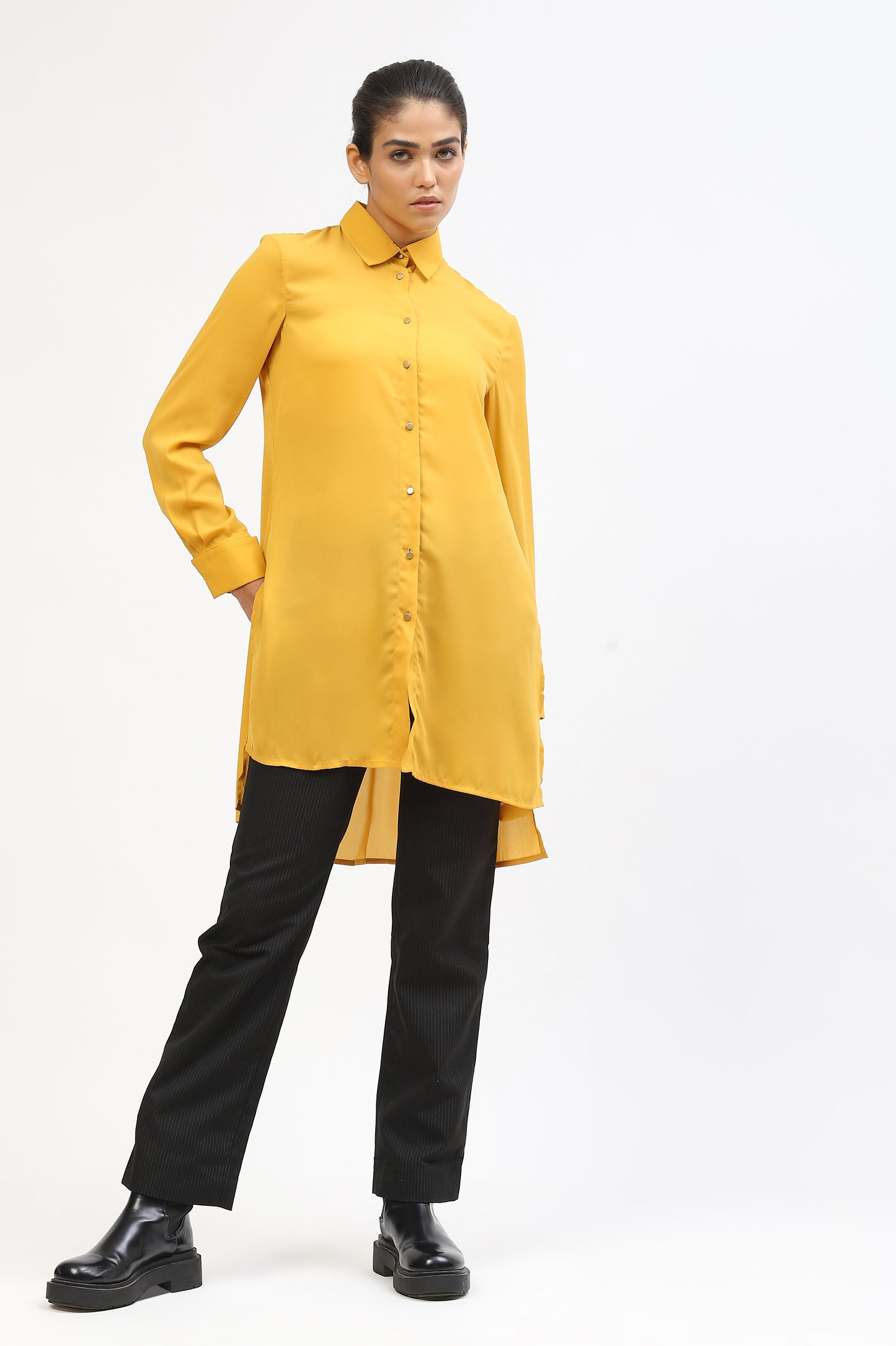 Mustard Yellow Georgette Womens Top With Asymmetric Hem