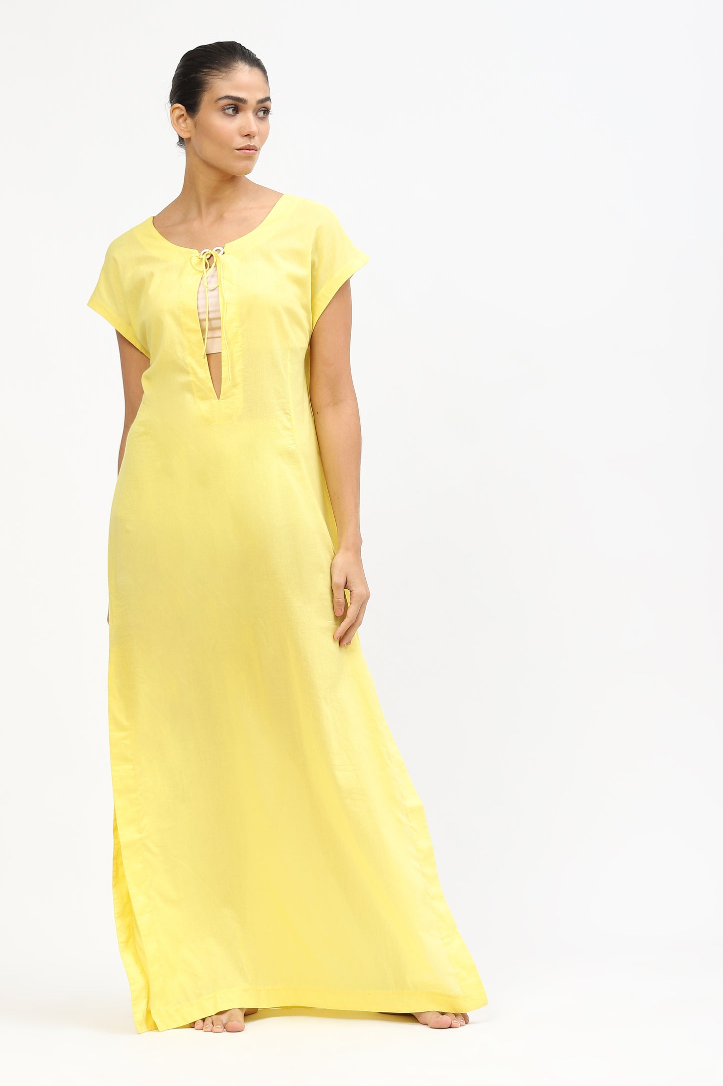 Yellow Voile Cotton Long Dress With Neck Slit Detail