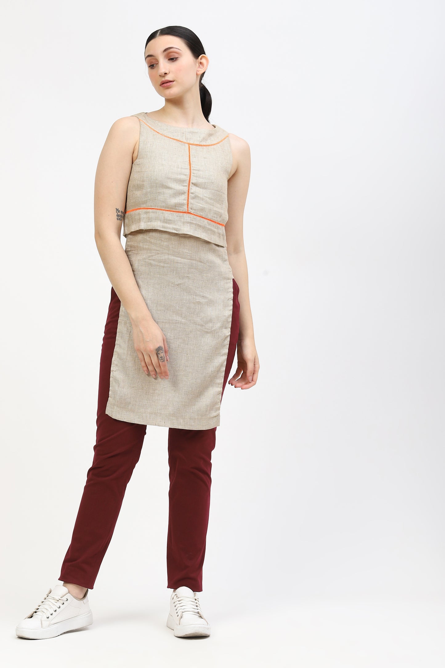 Beige Linen Kurta For Women With Flap Detail & Contrasting  Thread Work