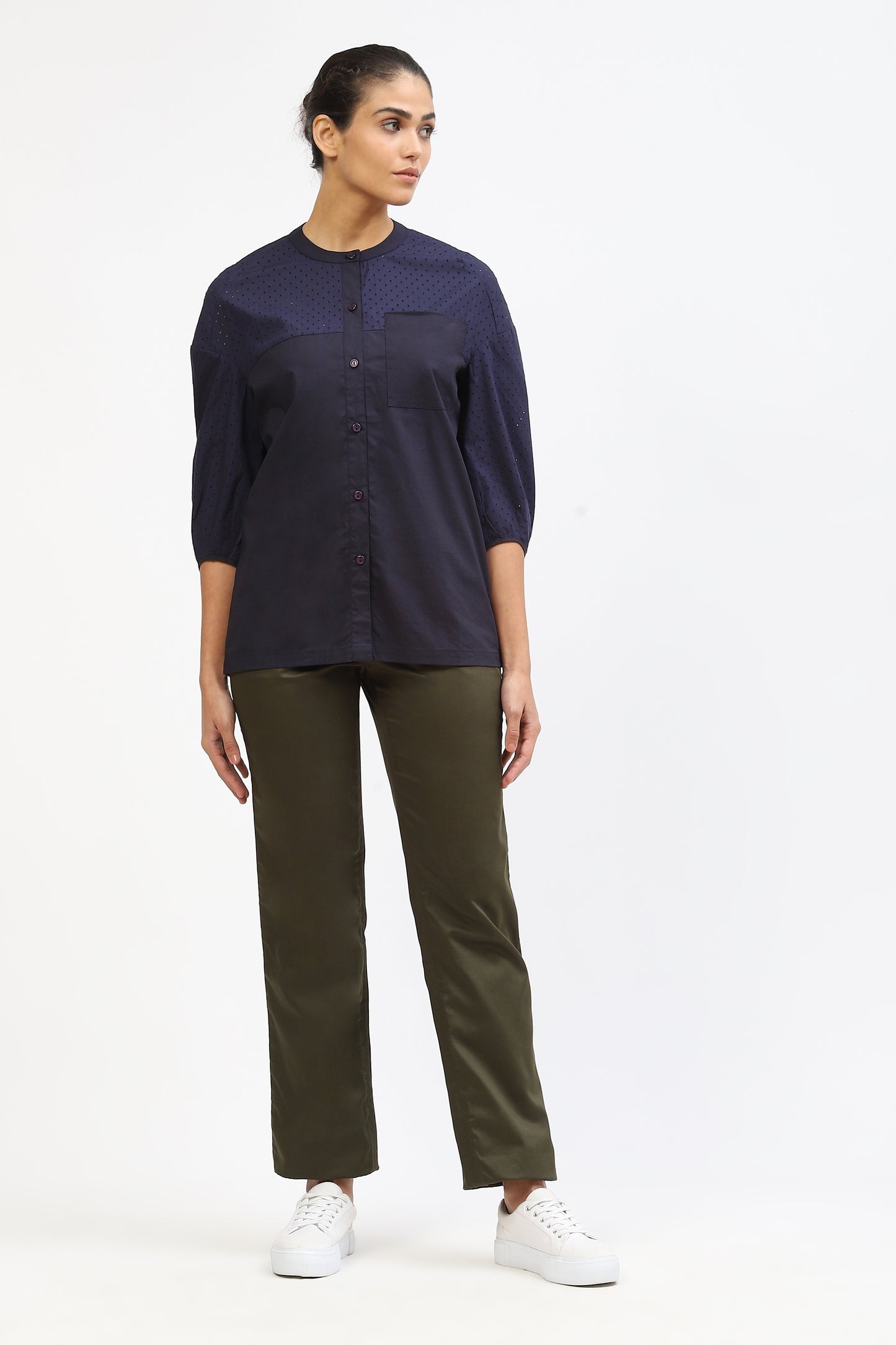 Navy Blue Cotton Shirt For Women With Perforated Texture Detail