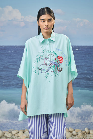 Oversized Printed Shirt in Premium Cotton Poplin - Mint Green