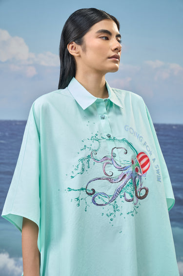 Oversized Printed Shirt in Premium Cotton Poplin - Mint Green