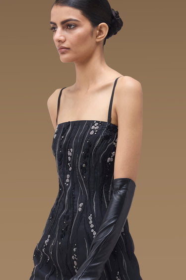 Premium Black Poly Wool Embellished Mini Dress