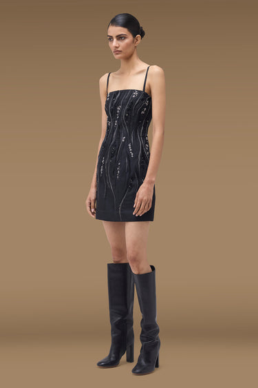 Premium Black Poly Wool Embellished Mini Dress