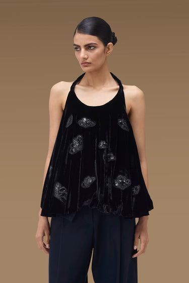 Premium Stone Applique Bubble Hem Halter Top - Velvet