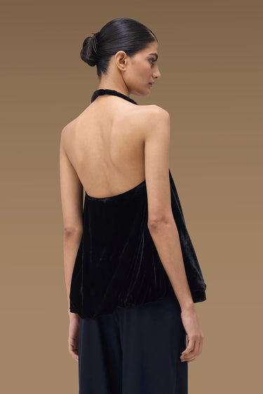 Premium Stone Applique Bubble Hem Halter Top - Velvet